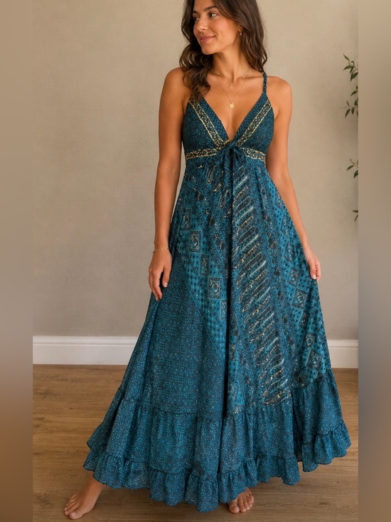 Celina Dresses & Skirts - CELINA- Bohemian Teal V-Neck Maxi Dress with Tie Front